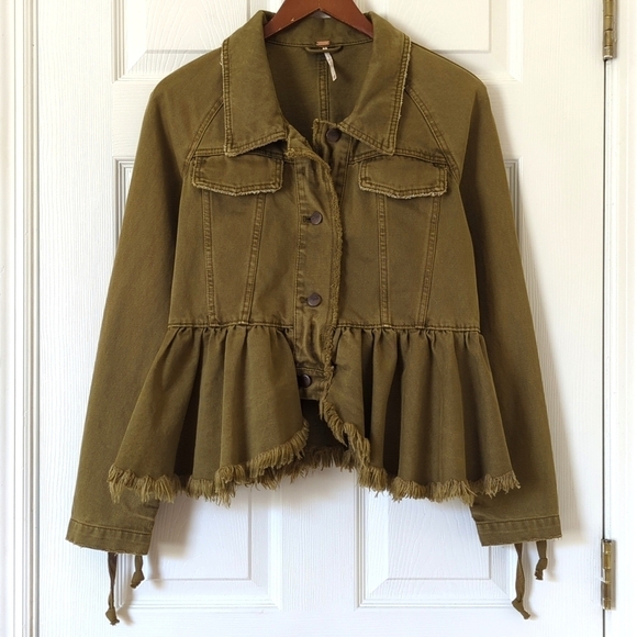 Free People Willow Lace Up Sleeve Frayed Peplum Hem Denim Jacket Olive Green XS - Picture 1 of 15